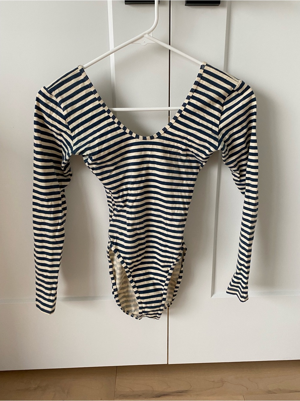American Apparel Navy and Cream Striped Long-Sleeve Bodysuit